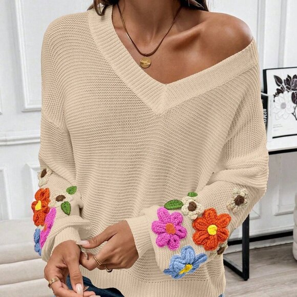 Apricot Casual Women's V-Neck Crochet Lantern Sleeve Pullover Sweater - Picture 5 of 7